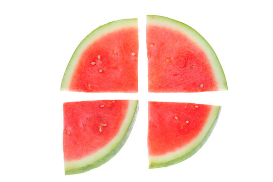Four Slices Of Red Watermelon On White Background
