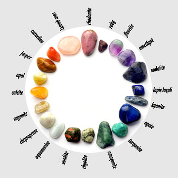 Gems color spectrum with names, white circle on grey background