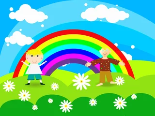 Door stickers Rainbow Cheerful boy stands on a rainbow
