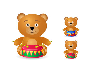 teddy bear with drum icon set