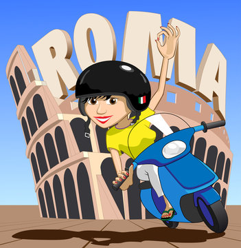 Roma Scooter Girl Waves at the Colosseum