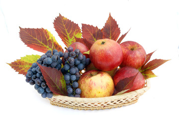 Naklejka na ściany i meble Basket with apples and grapes