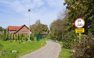 The sign tablet "Private property"  in village