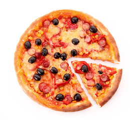 sliced pizza with olives isolated on white