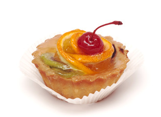 fruit cupcake with cherry  isolated on white