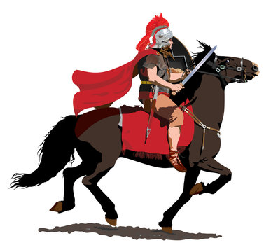 Roman soldier on horseback charges with sword drawn.