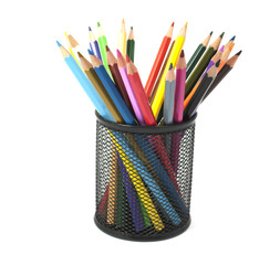colored pencils in a basket