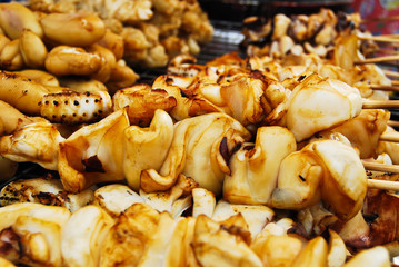 Many of grilled squid in Thailand fresh market