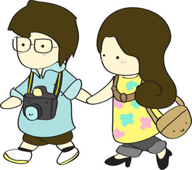 Young boy and girl walking together cartoon vector illustration