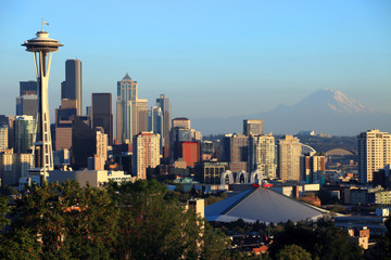 Seattle skyline at sunset, Washington state.