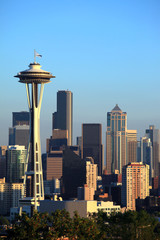 Seattle skyline at sunset, Washington state.