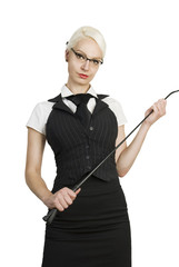 Young business woman with a whip in her hands.