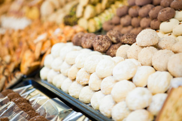 Delicious cookies on display in bakery for sale