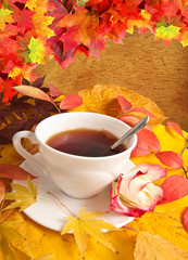cup of tea and still life from colored leaves
