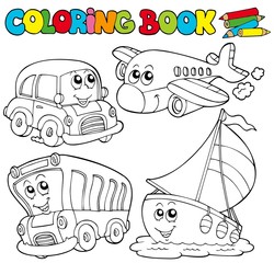 Coloring book with various vehicles