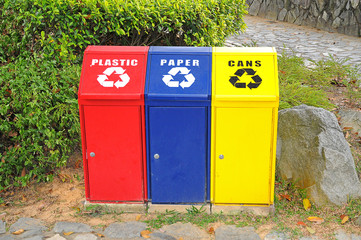 Colorful Recycle Bins In The Park