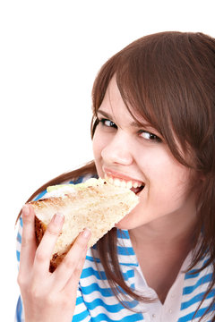 Happy Young Woman Eating Cake.