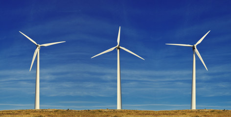 Wind turbines under the summer blue sky