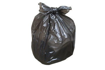 Disposable plastic bag full of garbage isolated over white