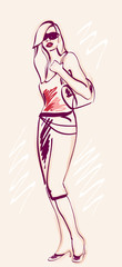 freehand sketch of fashion girl with litttle bag