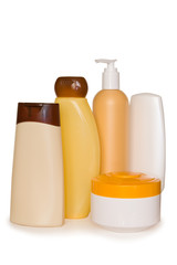 Cosmetic bottles on a white background