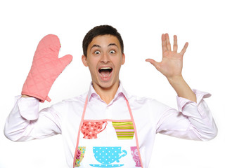 funny cooking man in apron ang kitchen glove screaming. isolated