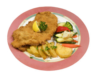 wiener schnitzel with potatoes and vegetables