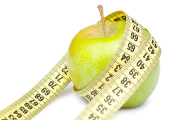 Closeup of a green apple with a measuring tape. Isolated on whit