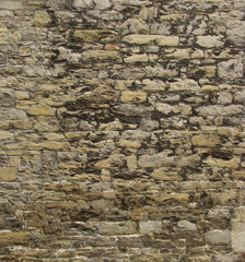 section of a very old yellow gray beige stone wall