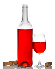 wine and corkscrew isolated on white with reflection