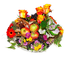 Autumnal composition with flowers and apples