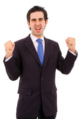 Happy young businessman expressing success and victory, isolated