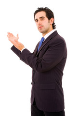 Young business man with arms out in a welcoming gesture to the o