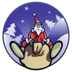 Santa drives sack with gifts. Vector illustration.