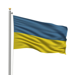 Flag of Ukraine waving in the wind in front of white background