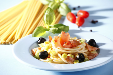 Tasty pasta with salmon