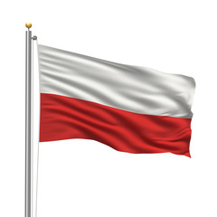 Fototapeta na wymiar Flaga Polski Macha w wiatru z przodu białe tło