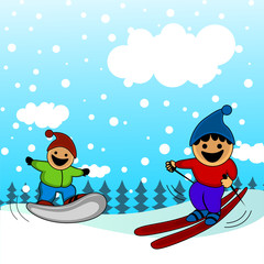 cartoon kids skiing