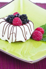 Black and White chocolate with blackberries on green plate