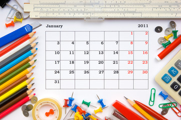 monthly calendar with office and stationery for 2011