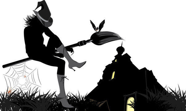 Sitting witch on the broom. Halloween composition. Vector