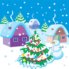 Landscape with snowman and Christmas tree