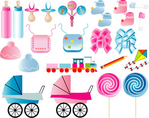 baby boy and baby girl icons. Baby bottle, pacifier and baby toys