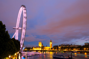 Evening view of London Eye and House of Parliament. UK - obrazy, fototapety, plakaty