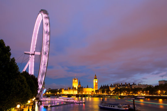 The London Eye, Golden Jubilee Bridge, and River Thames at Dusk, London,  England, UK Solid-Faced Canvas Print