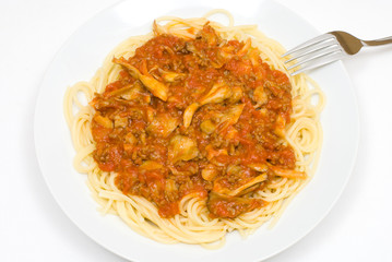 ひき肉とマイタケのトマトソーススパゲティ
