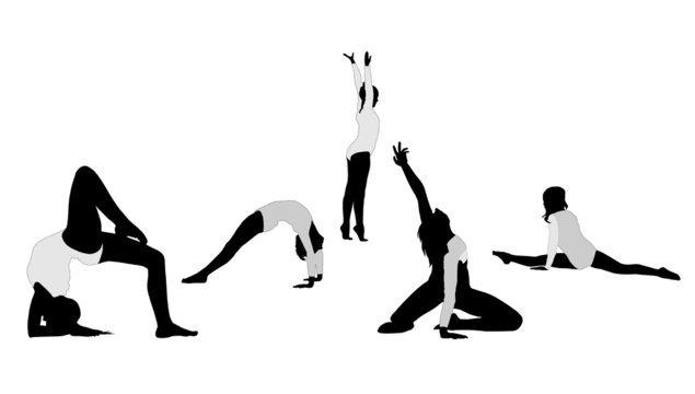 Young rhythmic gymnasts silhouette. Floor exercise.