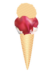 ice cream with glaze and wafers on the white background