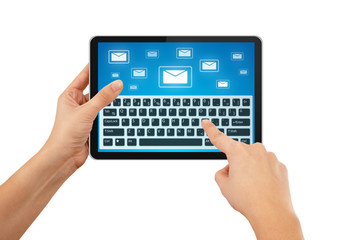 Hand writing email on tablet