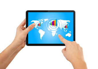 Hand pushing stock growth on tablet with blue earth map